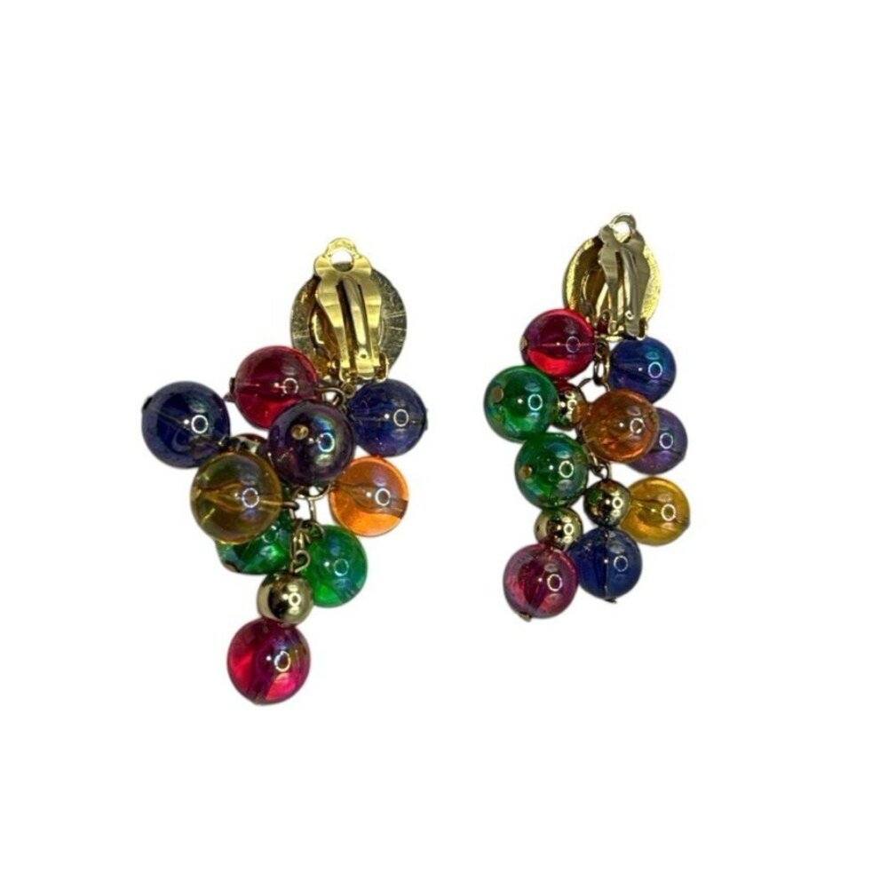Colorful Whimsical BOHO Beaded Bohemian Iridescent Retro Clip On Earrings - Picture 4 of 5